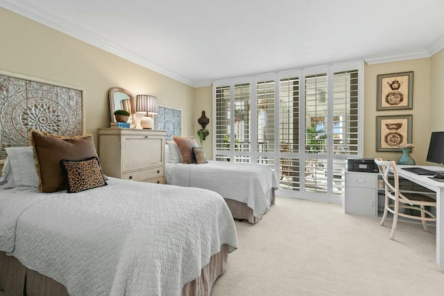 bedroom featuring access to exterior, light colored carpet, and crown molding