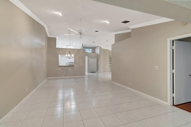 unfurnished room with crown molding, baseboards, stairs, ceiling fan with notable chandelier, and light tile patterned flooring