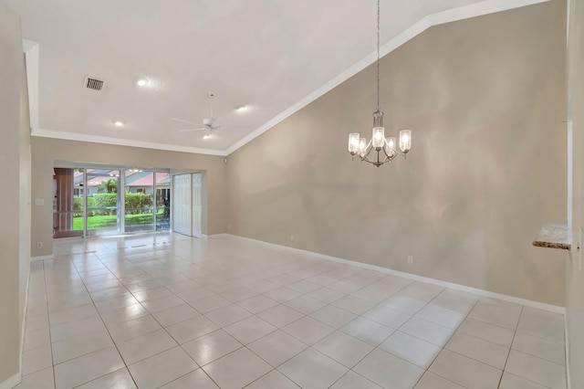 unfurnished room featuring visible vents, crown molding, lofted ceiling, light tile patterned floors, and ceiling fan with notable chandelier