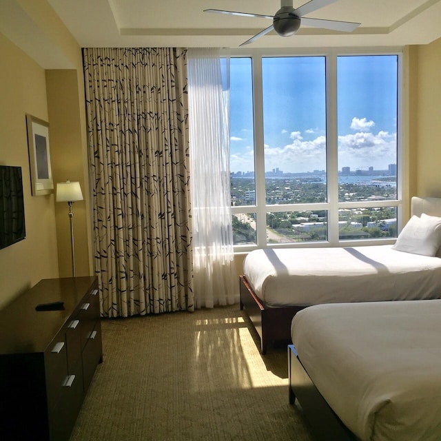 bedroom featuring a city view, carpet flooring, and ceiling fan