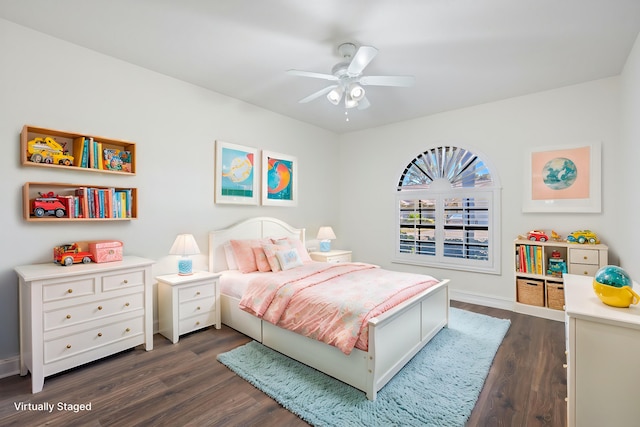 bedroom with dark wood finished floors and ceiling fan