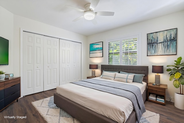 bedroom featuring a ceiling fan, wood finished floors, and a closet