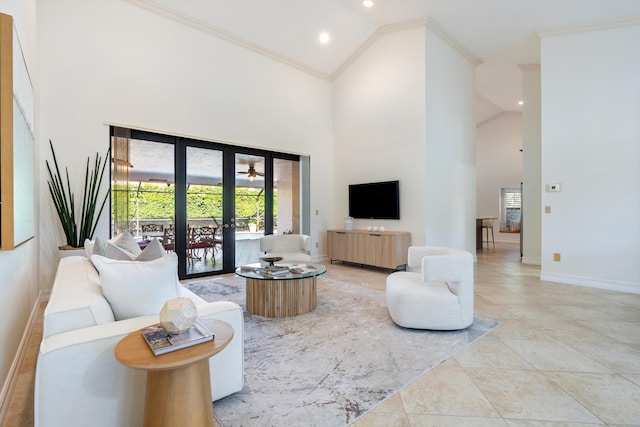 living area with high vaulted ceiling, french doors, crown molding, light tile patterned floors, and baseboards