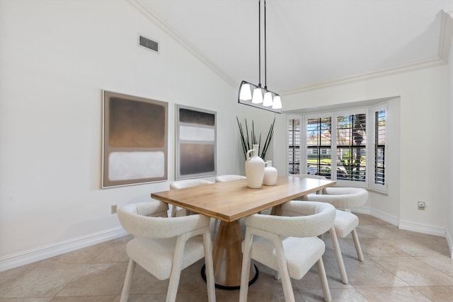 dining room with visible vents, baseboards, ornamental molding, light tile patterned flooring, and high vaulted ceiling