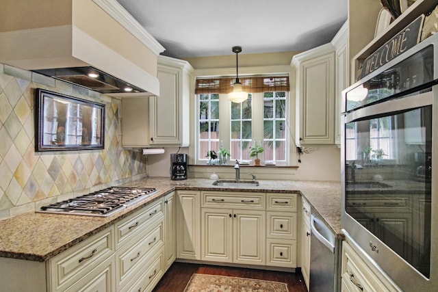 kitchen with stainless steel appliances, a sink, decorative backsplash, dark wood-style floors, and custom range hood