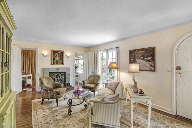 living area featuring a fireplace, baseboards, and wood finished floors