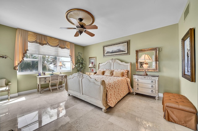 bedroom with baseboards, visible vents, and ceiling fan