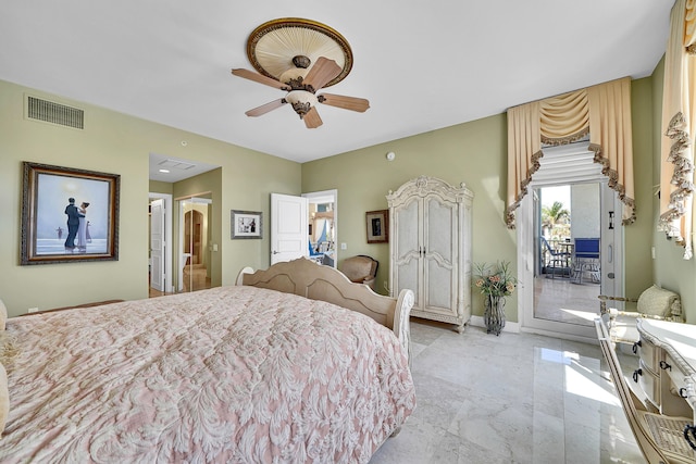 bedroom featuring access to exterior, visible vents, baseboards, and a ceiling fan