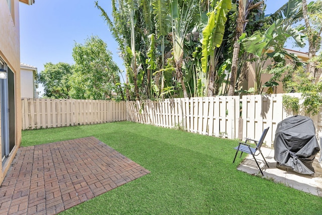 view of yard with a fenced backyard and a patio