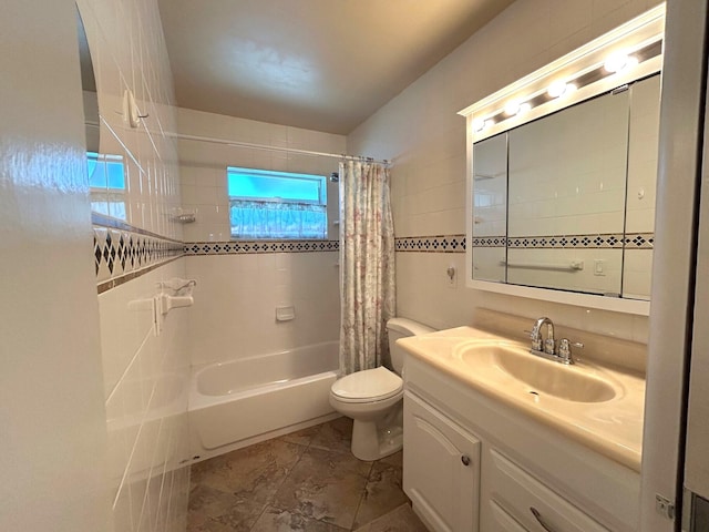 bathroom featuring shower / bathtub combination with curtain, toilet, and vanity