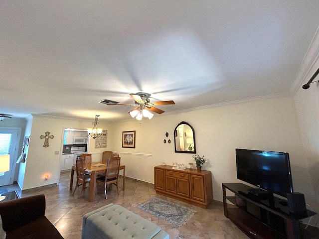 living area featuring ceiling fan with notable chandelier, visible vents, and crown molding