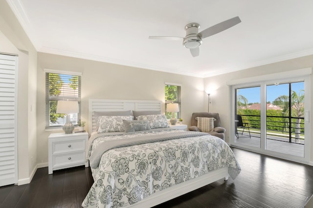 bedroom with access to outside, multiple windows, and dark wood-style flooring