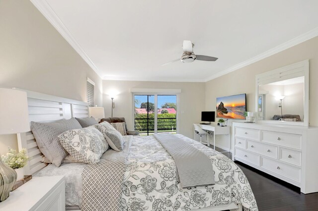 bedroom featuring dark wood finished floors, access to exterior, a ceiling fan, and ornamental molding