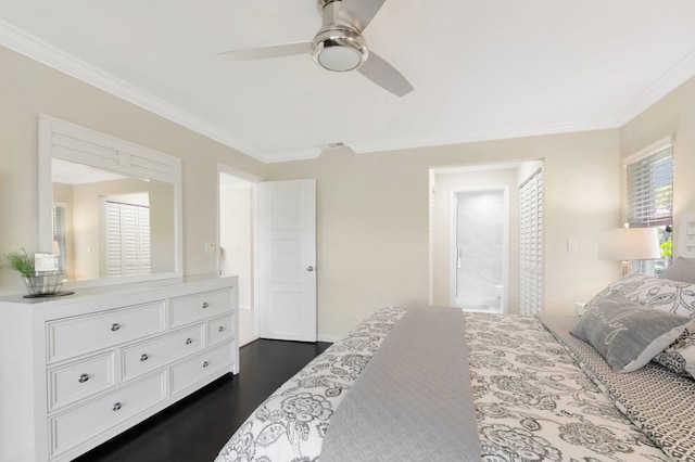 bedroom with dark wood-style floors and ornamental molding