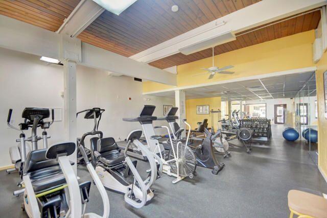 workout area with wooden ceiling and a ceiling fan