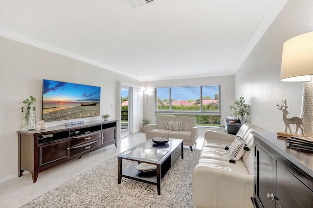 living area featuring light tile patterned floors, baseboards, visible vents, and ornamental molding