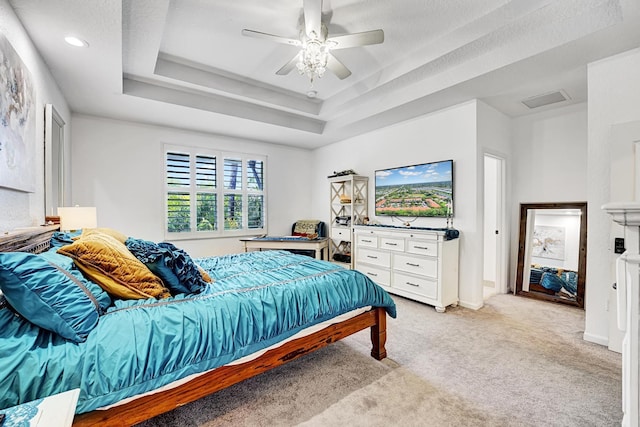 123 E Prive Cir, Delray Beach, FL 33445 - bedroom featuring light colored carpet, a raised ceiling, ceiling fan, and recessed lighting