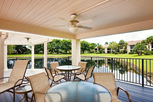 exterior space with a ceiling fan, outdoor dining area, and a water view