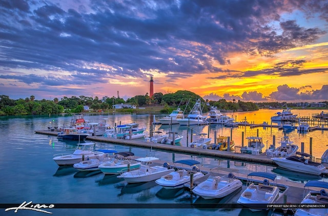 view of dock with a water view