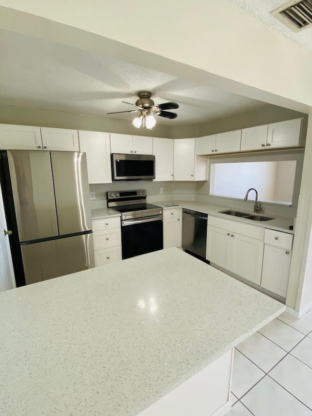 kitchen with stainless steel appliances, visible vents, white cabinetry, a sink, and ceiling fan