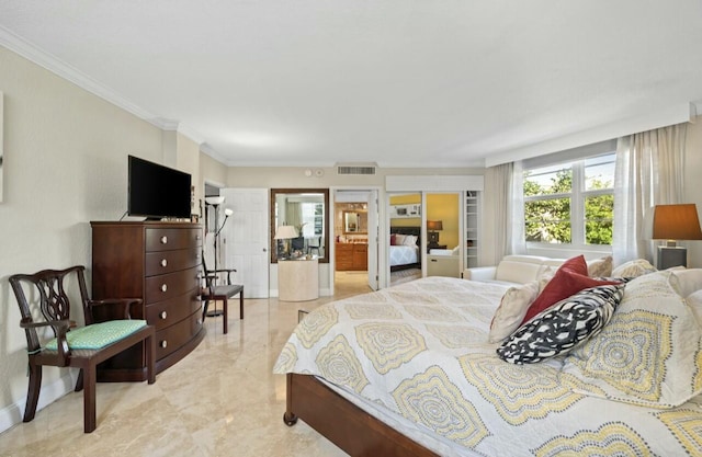 bedroom featuring visible vents and crown molding