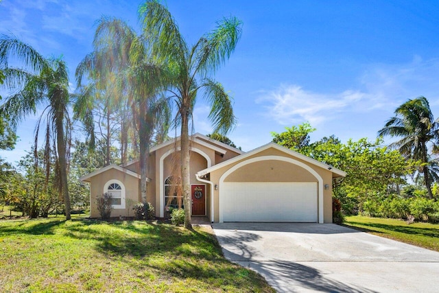 mediterranean / spanish home with a garage, a front yard, driveway, and stucco siding