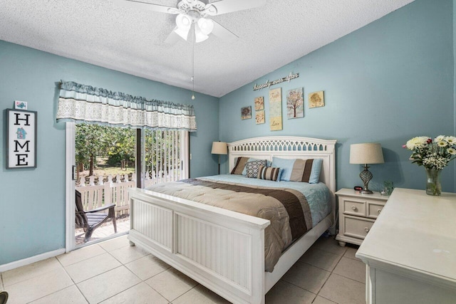 bedroom with light tile patterned floors, access to outside, and a textured ceiling