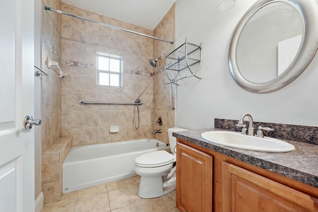 full bathroom with vanity, shower / bath combination, tile patterned flooring, and toilet