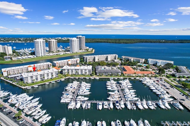 bird's eye view with a water view and a city view