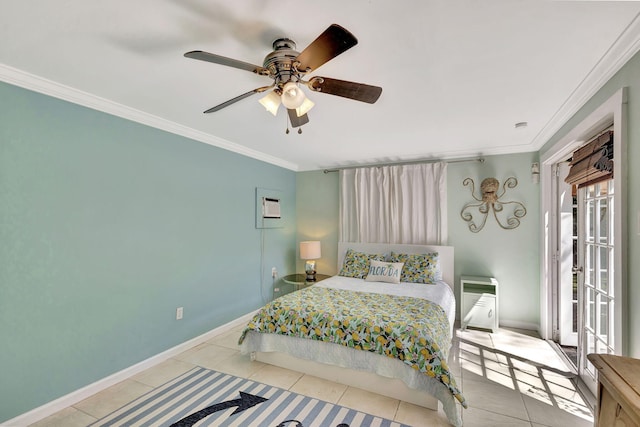 bedroom with baseboards, ornamental molding, a ceiling fan, and tile patterned flooring