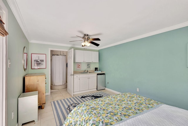 bedroom with baseboards, ornamental molding, light tile patterned flooring, a ceiling fan, and a sink