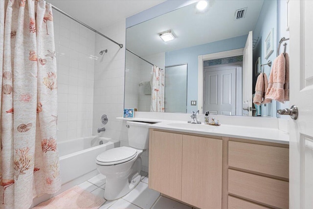 full bathroom with shower / bath combination with curtain, visible vents, toilet, vanity, and tile patterned flooring