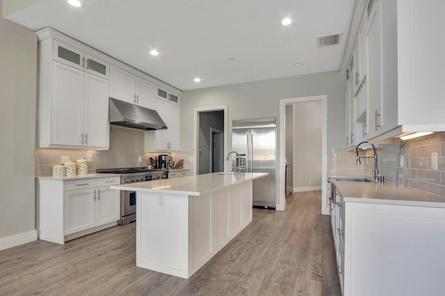 kitchen featuring under cabinet range hood, premium appliances, light wood finished floors, and a sink