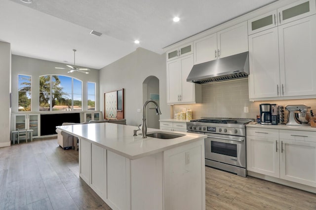 kitchen with under cabinet range hood, a sink, backsplash, stainless steel stove, and light countertops