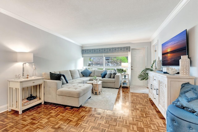 living area featuring crown molding, a textured ceiling, and baseboards