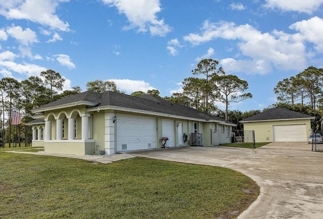 view of front of property featuring a garage, concrete driveway, a front lawn, and stucco siding