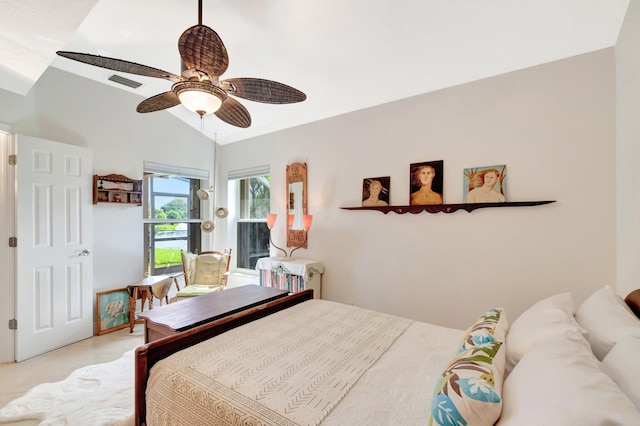 bedroom with lofted ceiling, a ceiling fan, and visible vents