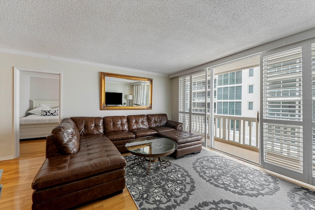 living room featuring a textured ceiling, ornamental molding, a wall of windows, and wood finished floors