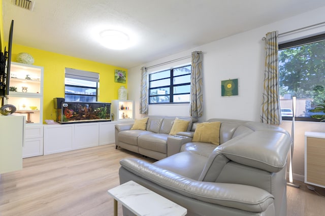 living area with a wealth of natural light, visible vents, and light wood finished floors