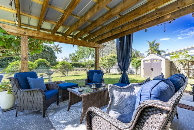 view of patio / terrace featuring a fenced backyard, a shed, an outdoor hangout area, and an outdoor structure