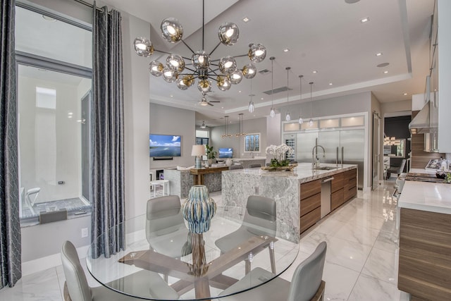 dining area featuring baseboards, marble finish floor, a tray ceiling, and recessed lighting