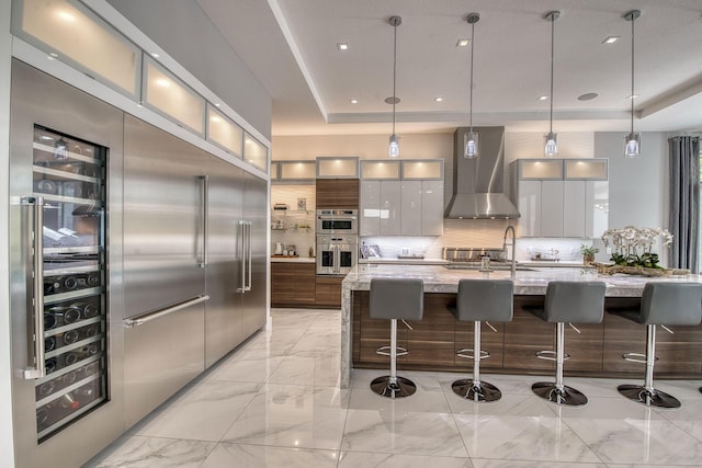 kitchen featuring a sink, appliances with stainless steel finishes, wall chimney exhaust hood, a tray ceiling, and modern cabinets