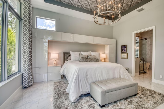 bedroom with marble finish floor, baseboards, and visible vents