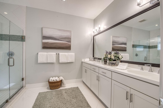 full bathroom with tile patterned flooring, a sink, visible vents, a shower stall, and double vanity