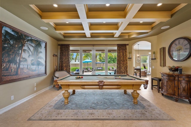 game room with arched walkways, french doors, pool table, coffered ceiling, and baseboards