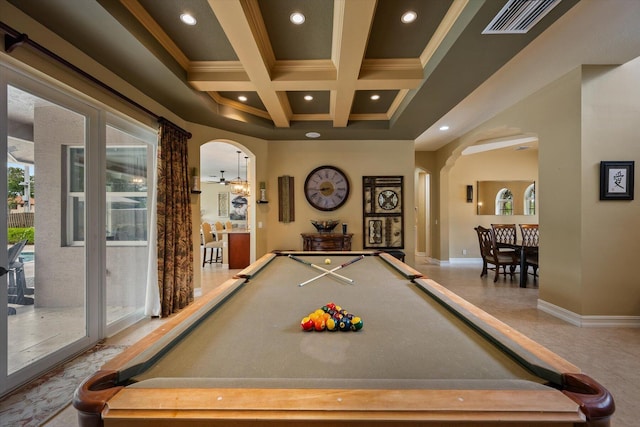 playroom featuring visible vents, arched walkways, coffered ceiling, and recessed lighting