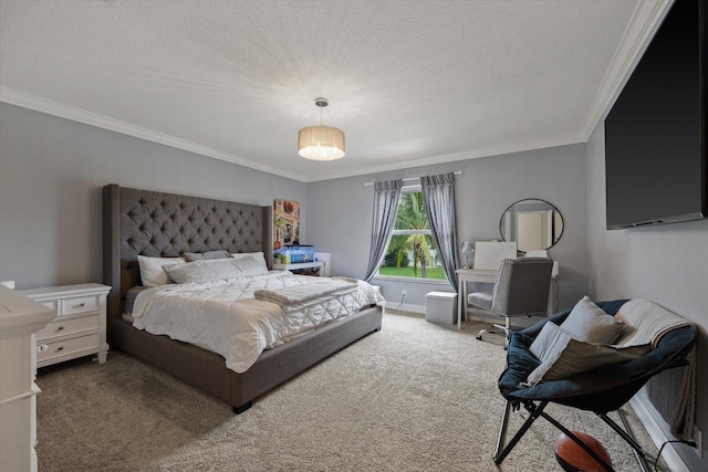 bedroom with a textured ceiling, ornamental molding, carpet flooring, and baseboards