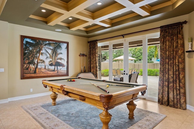 recreation room featuring pool table, coffered ceiling, baseboards, french doors, and beam ceiling