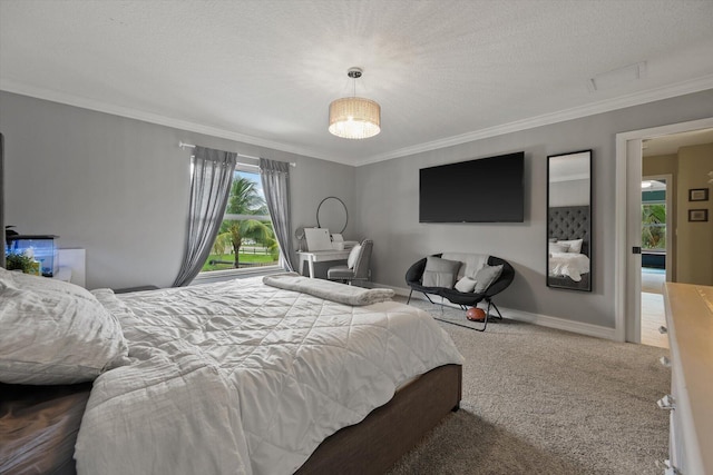 bedroom featuring a textured ceiling, ornamental molding, carpet, and baseboards