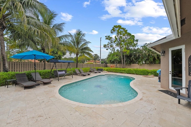 view of pool featuring a patio area, a fenced backyard, and a fenced in pool